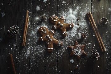 Festive gingerbread cookies with cinnamon and snowflake decorations on dark background