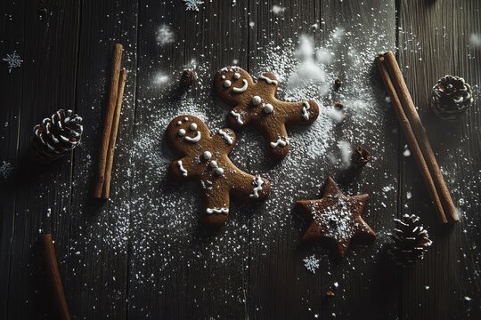Festive gingerbread cookies with cinnamon and snowflake decorations on dark background