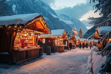 a romantically illuminated Christmas market in the evening with many stalls in deep snow