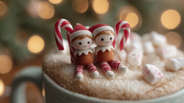 Cute elf figurines with candy canes on hot chocolate festive holiday scene