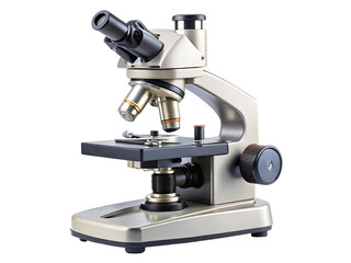 A modern compound microscope with a metallic silver finish, featuring dual eyepieces, objective lenses, a stage, and focus knobs, isolated on a transparent background