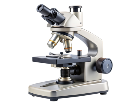 A modern compound microscope with a metallic silver finish, featuring dual eyepieces, objective lenses, a stage, and focus knobs, isolated on a transparent background