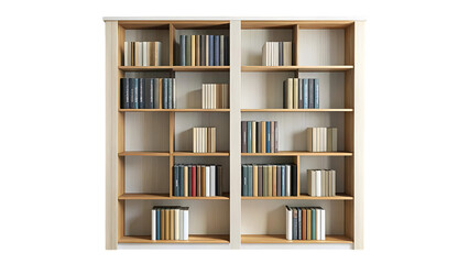 A tall, light wood bookshelf filled with a variety of books, neatly arranged on multiple shelves, isolated on transparent background