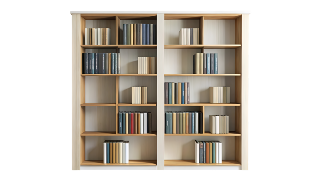 A tall, light wood bookshelf filled with a variety of books, neatly arranged on multiple shelves, isolated on transparent background