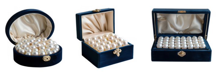 Three velvet jewelry boxes filled with lustrous pearls, isolated on transparent background