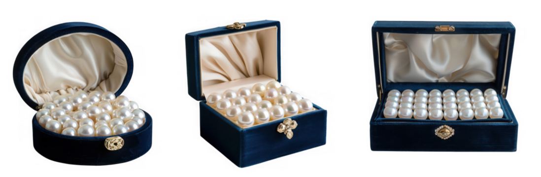 Three velvet jewelry boxes filled with lustrous pearls, isolated on transparent background