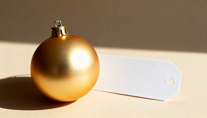Gold Christmas bauble with a blank white tag for copy space. Minimalist holiday ornament decoration on a neutral background. Festive seasonal concept