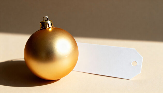 Gold Christmas bauble with a blank white tag for copy space. Minimalist holiday ornament decoration on a neutral background. Festive seasonal concept - Powered by Adobe