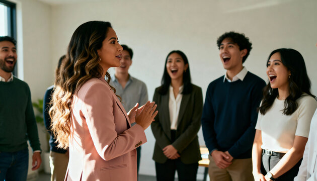 Successful female leader speaking to a happy and diverse team. Colleagues laughing during a positive office meeting or presentation