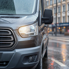 Close up front quarter of gray van with headlight on, wet reflections on city street, urban background, rainy weather, modern vehicle, transportation, moody atmosphere