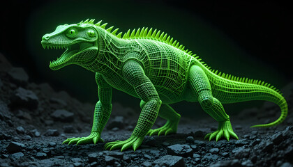 Digital Iguana Wireframe: Cyber Lizard on Rocky Ground