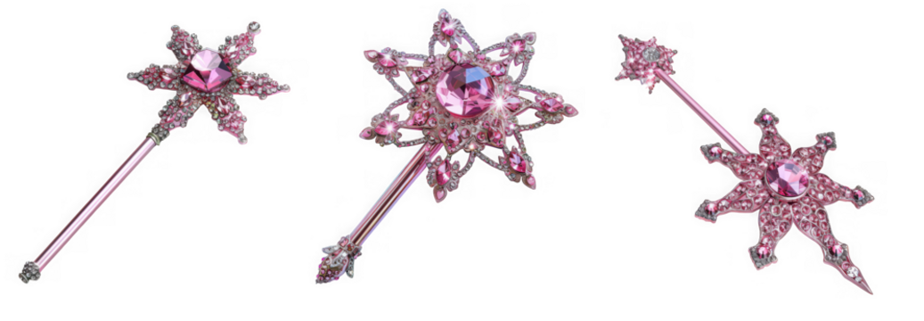 Three pink starshaped magic wands with jewels, isolated on transparent background
