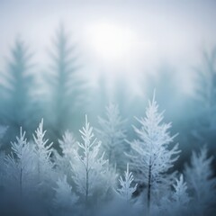 Fototapeta premium Enchanting winter forest scene featuring frosted evergreen trees softly emerging from a serene, mystical mist, creating a tranquil natural landscape