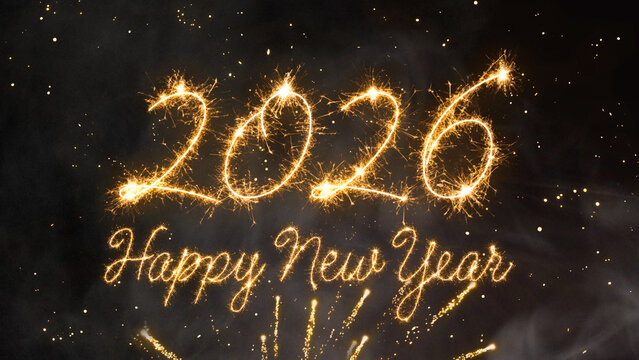 2026 Happy New Year with the number above the text, all formed by brilliant gold light on a deep black background with festive firework bursts and shining dust - Powered by Adobe