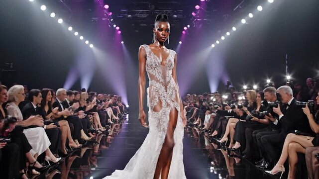 Fashion Runway: Elegant Model Walks Through Paparazzi Flashbulbs