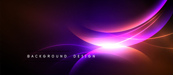 Abstract purple waves radiate from bright center. Dark background creates dramatic visual effect. Modern design element.
