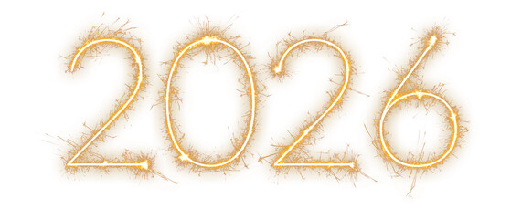 2026 happy new year date formed by clean gold sparkler lines, an isolated digital element ideal for utilizing in bold advertising, modern invitations, or website header graphics welcoming the New Year