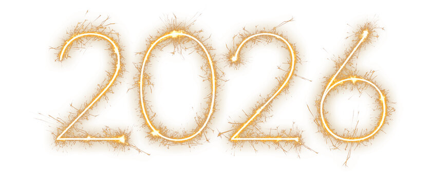 2026 happy new year date formed by clean gold sparkler lines, an isolated digital element ideal for utilizing in bold advertising, modern invitations, or website header graphics welcoming the New Year