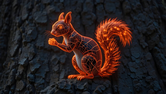 Wireframe Squirrel: Orange Neon Glowing on Tree Bark