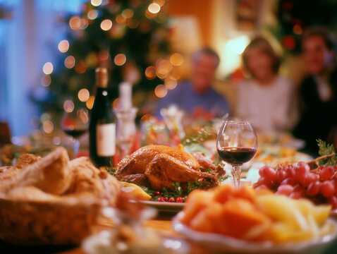 Cena de pessoas felizes ao redor da ceia de natal, arvore de natal aos fundos