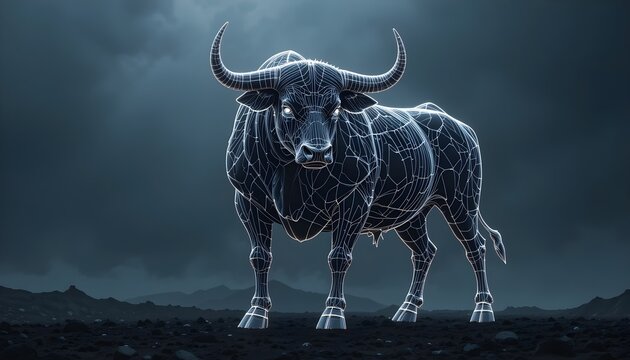 Digital Bull: White Neon Wireframe Standing in Dark Landscape