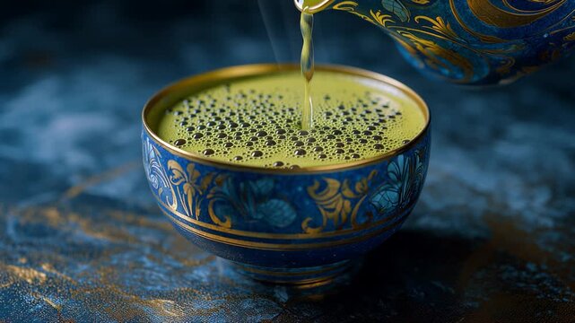 Zielona matcha nalewana do eleganckiej filiżanki w stylu old money