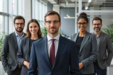 Five professionals, likely colleagues or team members, stand together in a modern office setting, wearing formal attire and glasses, with a man in a blue suit in the foreground.