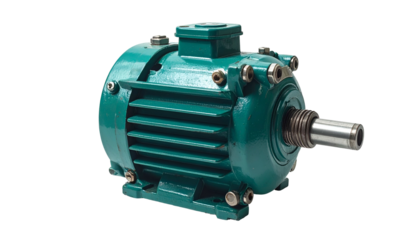 Teal industrial electric motor, side view with shaft protruding