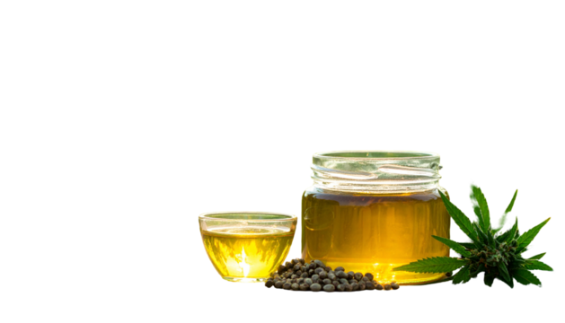 Jar and bowl of golden liquid, dark seeds, and green plant against a black backdrop