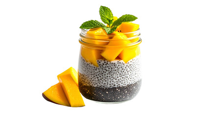 Jar of layered dessert with mango slices and mint garnish, against a black background