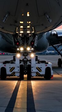 Aircraft tug pushing nose at dusk, powerful headlights illuminate towbar, ground vehicle aligning with nose gear, reflective tarmac and runway striping, preflight pushback operation, crew coordination