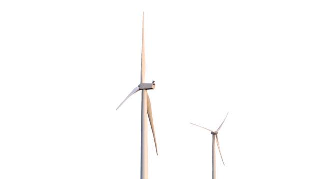 Two wind turbines, tall and short, stand against a black background, lit by sunlight - Powered by Adobe