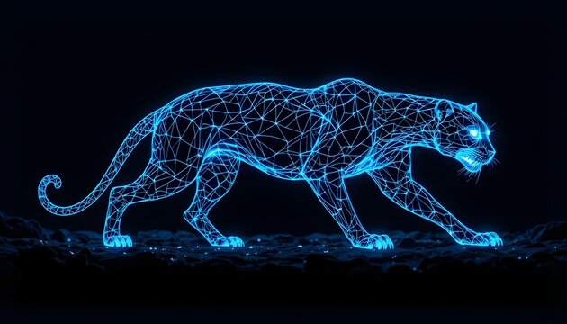 Cyber Panther: Blue Neon Wireframe Big Cat Prowling in Darkness