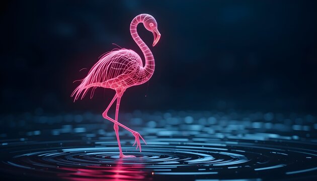 Neon Flamingo: Pink Wireframe Bird Standing in Digital Water - Powered by Adobe