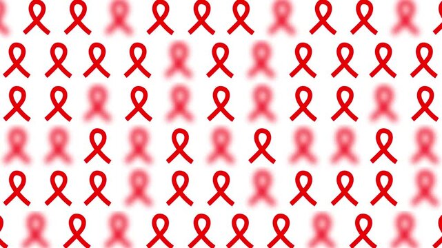 red blood cancer aids hiv awareness glossy satin ribbon pattern seamless loop animation, animated red ribbon bow sign symbol random blurred popup video motion graphics, motif awareness background 