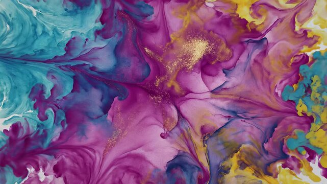 Colorful watercolor painting of a flower with swirling ink hues and vibrant yellow center, perfectly capturing artistic expression and creativity for use cases requiring playfulness.