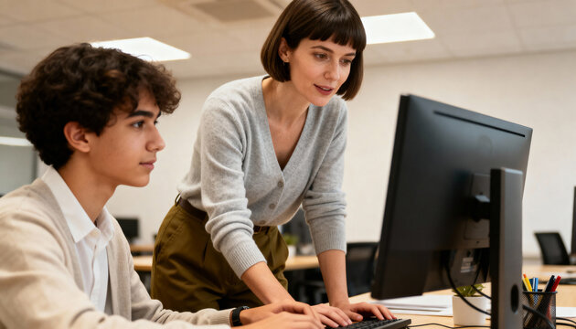 A female mentor training a young male intern on a computer in a modern office. Professional manager providing guidance to a new employee at the workplace