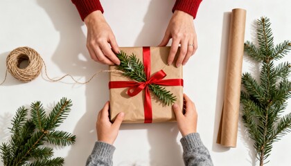 Hands of a child and adult wrapping a Christmas gift with red ribbon and greenery, surrounded by festive decorations and holiday materials, creating a joyful atmosphere