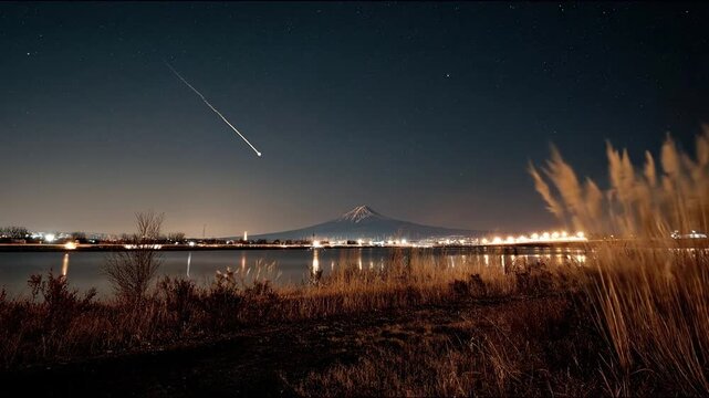 Nighttime landscape featuring mountain and star trail across the dark sky
