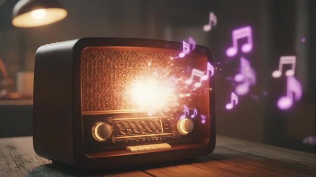 Vintage radio broadcasting magical music and notes with warm glow