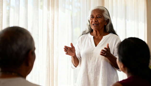 Elderly woman with long gray hair speaking to a group in a sunlit room. Senior mentor sharing wisdom and storytelling in a community meeting