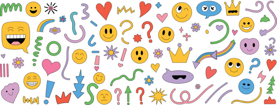 Vibrant Hand Drawn Groovy Elements and Emoticons emoji