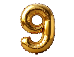 Metallic Gold Number '9' Mylar Balloon – PNG Transparent Background