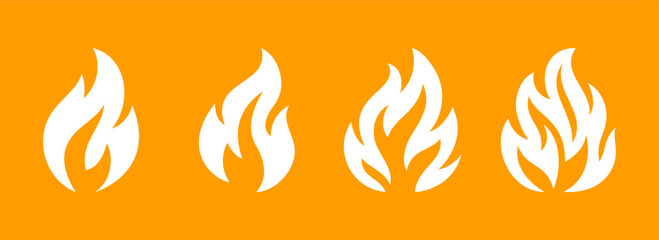 Set of 4 white flame icons on orange background. Vector burning fire symbols for heat, energy, hazard, hot product and safety design