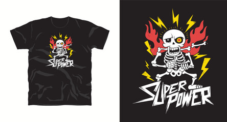 Super power skeleton t shirt design with fire lightning bolt vector artwork comic book style graphic clothing apparel 