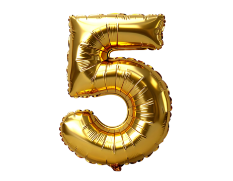 Metallic Gold Number '5' Mylar Balloon – PNG Transparent Background