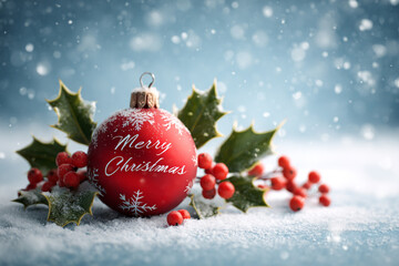 A festive red ornament adorned with snowflakes and merry christmas text sits amongst snow covered holly and berries with falling snow in the background