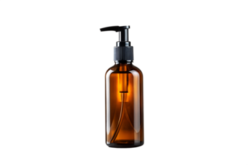 Amber glass pump bottle with dispenser, ideal for lotions, soaps, or sanitizers, showcasing a minimalist design against a clean white background