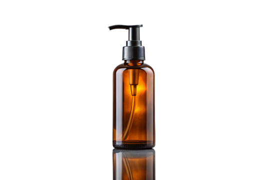 Minimalist amber dispenser bottle, an essential container for premium liquid formulations, showcasing a refined packaging solution on a pristine reflective backdrop