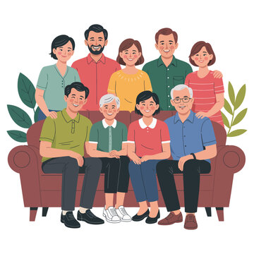 A diverse multi-generational family sits together on a sofa, smiling.